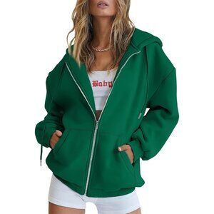 Women's Casual Green Zip Up Pocket Fleece Sweatshirts Hoodies Jacket Oversized